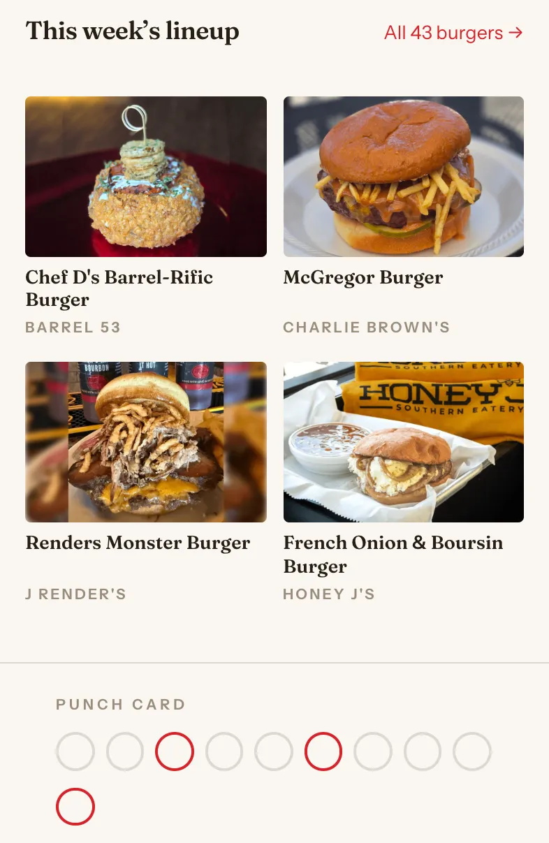 The Lexington Burger Week app on a phone: a lineup of four burgers, each with a photograph and the restaurant serving it, above a punch card of ten stamp slots.